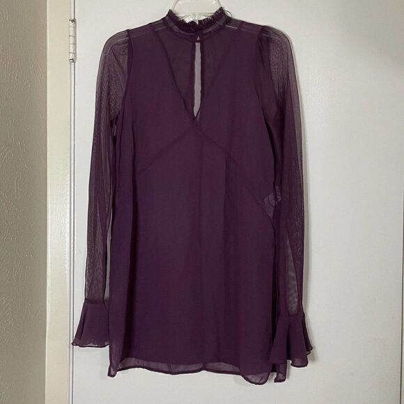 ZARA Purple chiffon sheer long sleeve high neck mini dress size Small - Picture 1 of 9